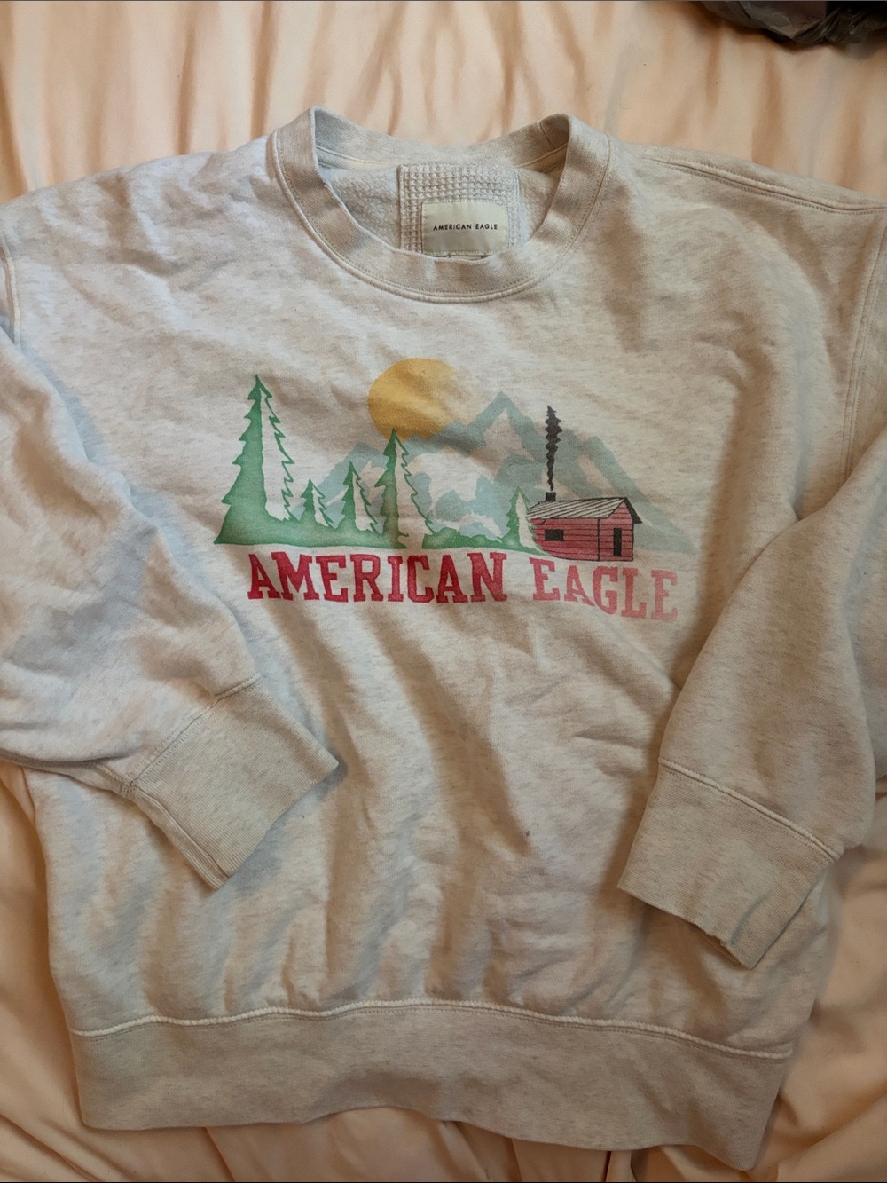 American Eagle Outfitters Cream Graphic Crewneck Sweater with Nature Motif